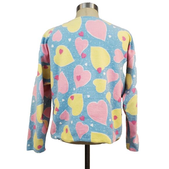 Vintage Gitano All Over Heart Print Sweater M Pink Blue Kidcore Pastel Anime 80s - Picture 4 of 10